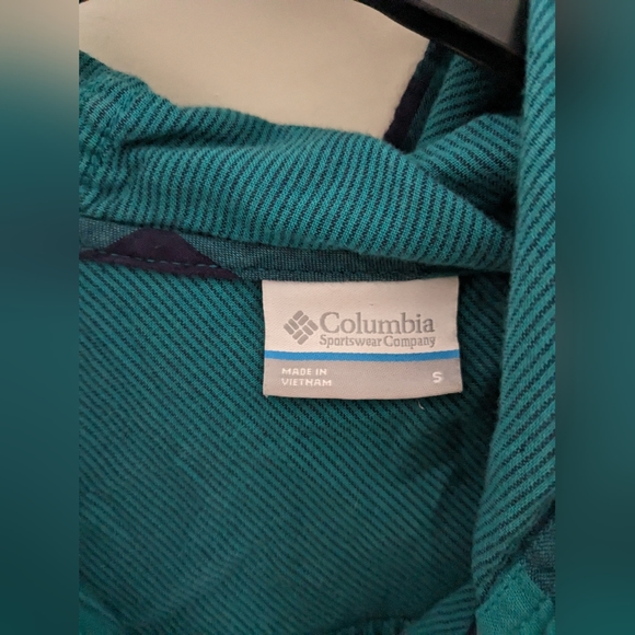 Columbia Plaid Button Down Cotton Hooded Shirt Teal Navy Blue Size S - Picture 6 of 7